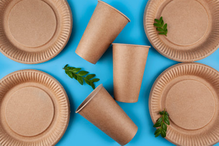 Disposable paper biodegradable cups, plates and green leaves on a blue background. top view. Flat lay composition.の写真素材
