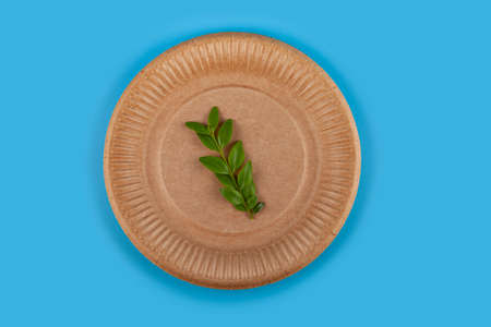 Disposable paper biodegradable plate and green leaf on a blue background. Top view with copy space. flat lay compositionの写真素材