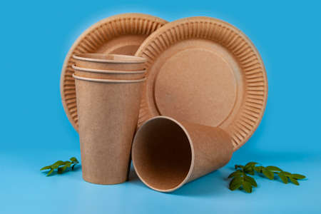 Disposable paper biodegradable cups, plates and green leaves on a blue background.
