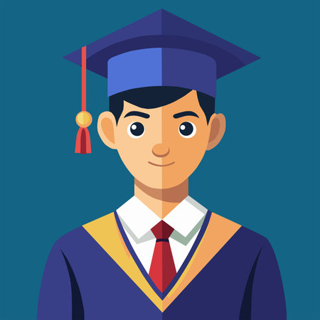Portrait of a young graduate in graduation dress and hat. Flat vector illustrationのイラスト素材