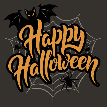 Orange Halloween lettering with bat and scary spiders on web. Isolated design on dark background. Banner design, party poster designのイラスト素材