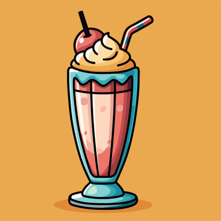 Fruit milkshake with whipped cream and pink fruit. Bright glass of milk and fruit smoothie isolated on bright background. Sweet fun treatのイラスト素材