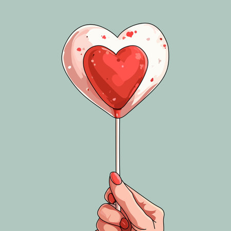 Vector illustration of close-up of sweet heart-shaped lollipop on a stick in a female hand. Gift card, banner, postcard for Valentine's Dayのイラスト素材