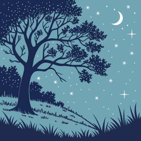 Night landscape with large old branching tree against sky, stars and crescent moon. A pictorial hand drawing of romantic mood. Base for a card, letter or packageのイラスト素材