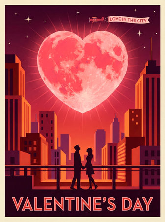 A romantic retro poster, "Love in the City." A huge heart-shaped moon illuminates the silhouettes of skyscrapers and a couple on an observation deck. An airplane flies a banner reading "LOVE IN THE CITY." A vibrant burgundy and orange composition features the bold text "Valentine's Day." Perfect for a festive design.の素材
