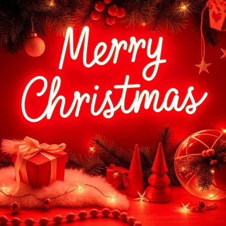 Merry Christmas Greeting Card. Christmas Decorations and Giftsの素材