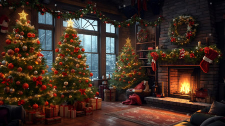Christmas living room interior with fireplace and christmas tree. 3d renderingの素材