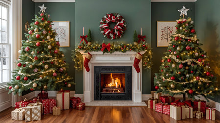 Beautiful living room with Christmas tree and fireplace. 3d renderの素材