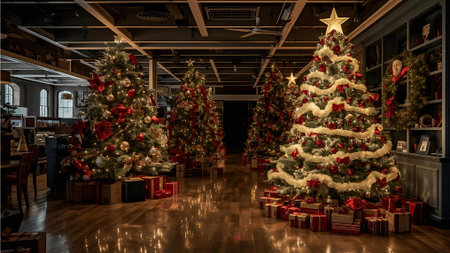 Christmas tree with presents in the interior of a modern office building.の素材