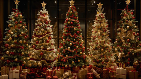 Christmas tree with gifts in the interior of the building. Christmas backgroundの素材