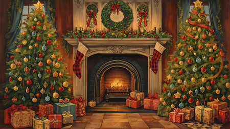 Illustration of a living room with a Christmas tree, gifts and fireplaceの素材