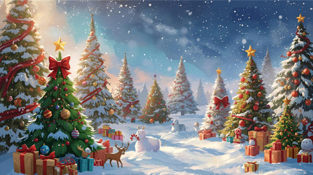 Winter landscape with christmas trees and presents. 3d illustration.の素材