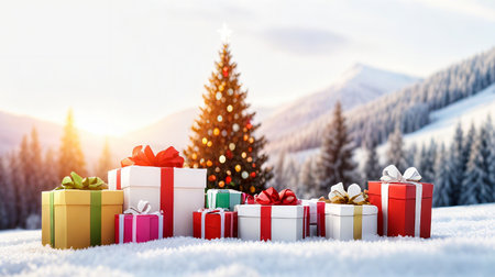 Christmas background with gift boxes and christmas tree in the mountains.の素材