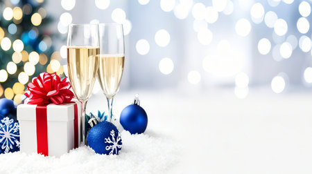 Two glasses of champagne and christmas decoration on bokeh backgroundの素材