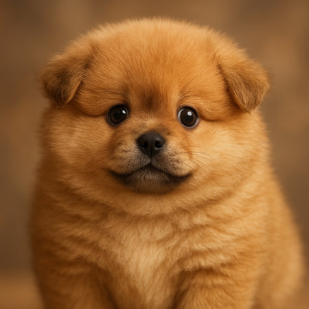 Pomeranian puppy on a brown background. Close-up.の素材