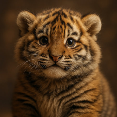 Close-up portrait of a tiger cub on a brown background.の素材