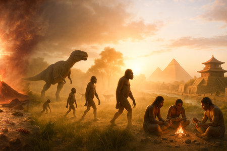 Prehistoric humans with fire, dinosaurs, pyramids and temples â evolution timeline concept - thumnailの素材