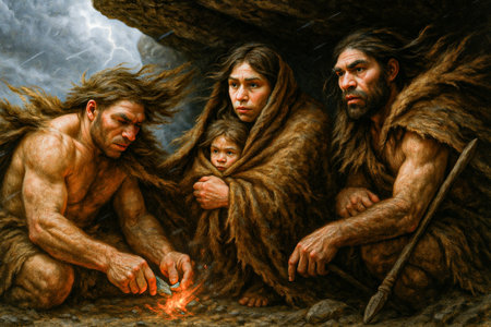 Realistic anthropological illustration of Homo neanderthalensis, showing physical features, lifestyle, and survival in Ice Age Europe.の素材