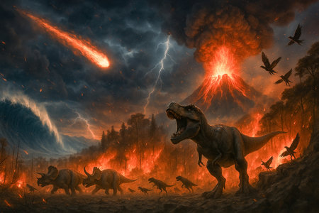 CretaceousâPaleogene extinction event with T. rex and meteor impact  - Dramatic scene of dinosaurs during the asteroid impact, volcanic eruptions, wildfires, and the end of the Creの素材