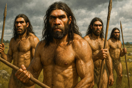 Three ancient warriors with spear and long hair in the field, cloudy sky , caveman Realistic anthropological illustration of Homo neanderthalensis,の素材
