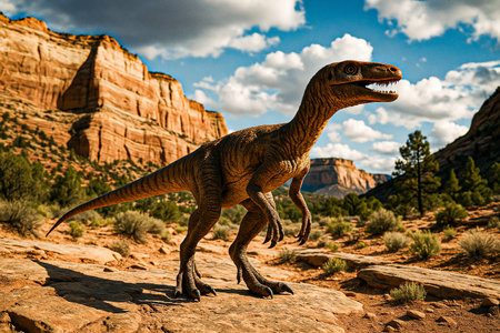 Velociraptor or dromaeosaurid in desert canyon environmentの素材