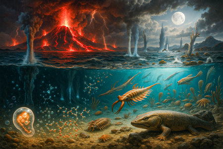 thumnail  - Cambrian and Devonian life â early oceans with volcanoes
Description: Artistic scene showing underwater Cambrian explosion with trilobites, anomalocaris, early fish,の素材
