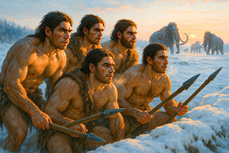 homo neanderthalensis - Group of warriors with spear and axe on snowy field at sunset.の素材