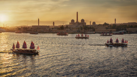 Boats on the Nile at sunset, Luxor, Egypt.の写真素材
