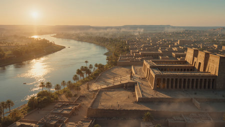 Aerial view of Luxor Temple and Nile river at sunset, Egyptの写真素材