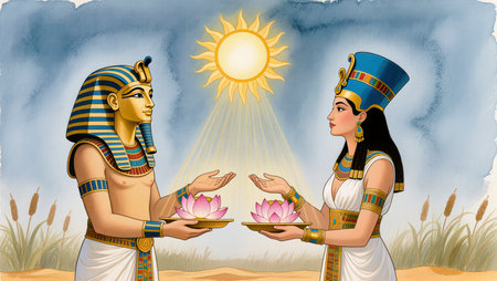Egyptian gods on the background of the sun and water lilyの写真素材