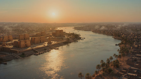 Aerial view of a river in Luxor, Egypt at sunsetの写真素材