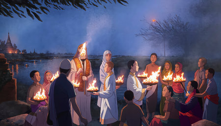 Buddhist monks lighting candles during a religious ceremony in Bagan, Myanmar.の写真素材