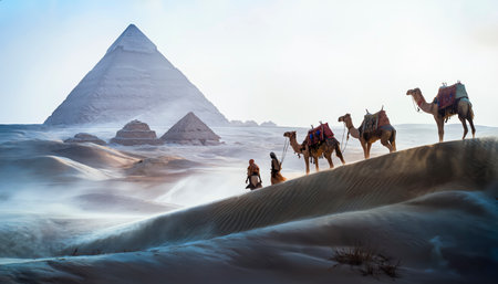 Camel caravan in front of pyramids in Giza, Egyptの写真素材