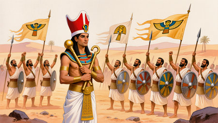 Egyptian warrior with a spear on the background of the Egyptian flagの写真素材