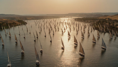 Aerial view of sailing boats on Nile river in Luxor, Egyptの写真素材