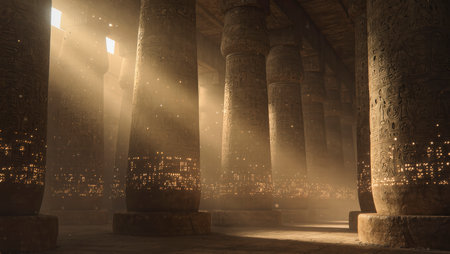 Ancient egyptian temple with columns illuminated by the rays of the sunの写真素材