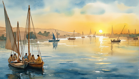 Fishing boats on the Nile river in Egypt. Digital painting.の写真素材