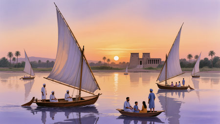 Egypt, Luxor, Nile river, boats and Egyptian temple at sunsetの写真素材