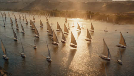 Sailing boats on the Nile river in Luxor, Egypt.の写真素材