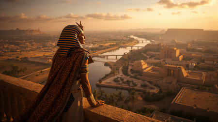 A young woman in a traditional dress stands on the edge of a terrace and admires the view of the Nile river.の写真素材