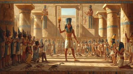 Egyptian hieroglyphs on the walls of an ancient templeの写真素材