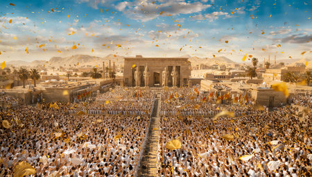 A large crowd of people gathered in front of an ancient Egyptian temple, possibly for a ceremony or celebration.の写真素材