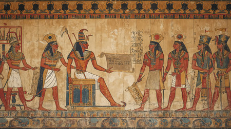 Egyptian hieroglyphs on the wall of the temple.の写真素材