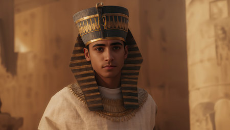 Portrait of a young man in the Egyptian temple. Ancient Egypt.の写真素材