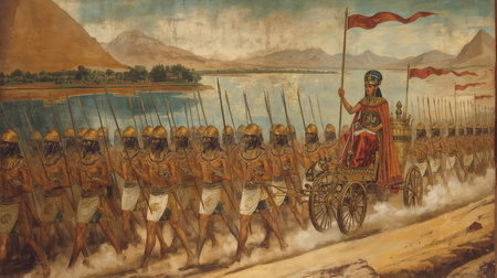 Ancient painting on the wall depicting historical sceneの写真素材