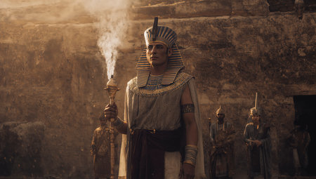 Ancient Egyptian warrior with a torch in his hand and smoke from incenseの写真素材