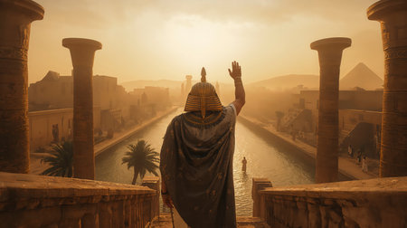 Egyptian man praying on the banks of the Nile river at sunsetの写真素材