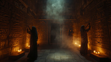 Egyptian hieroglyphs in a temple. 3d renderingの写真素材