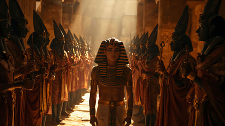 Statues of Egyptian gods in the ancient temple of Hatshepsutの写真素材