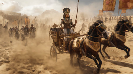 Unidentified people riding a horse drawn carriage through the desert.の写真素材